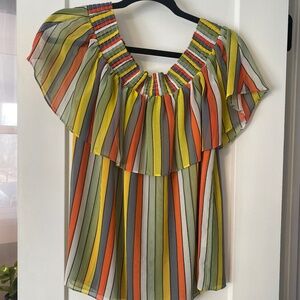 CAbi Off-Shoulder Smocked and Ruffled Carnival Top